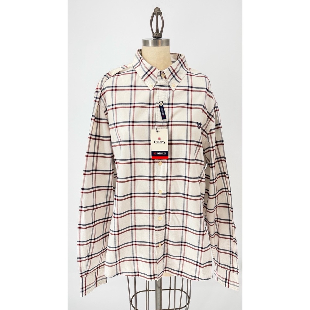 NWT Chaps Men's 2XL Plaid Button Up Shirt Untucked Fit Stretch Oxford